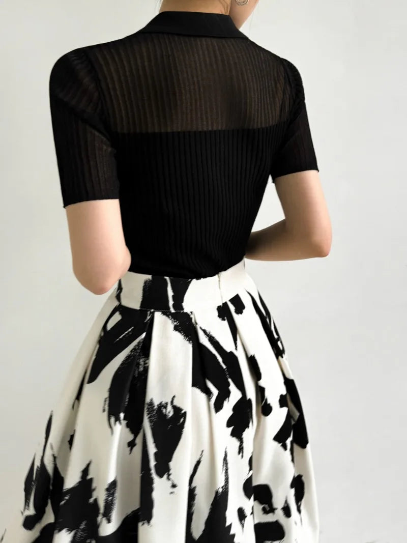 Ice Silk Polo Crop Top - Hollow-Out, Short Sleeve Korean Style