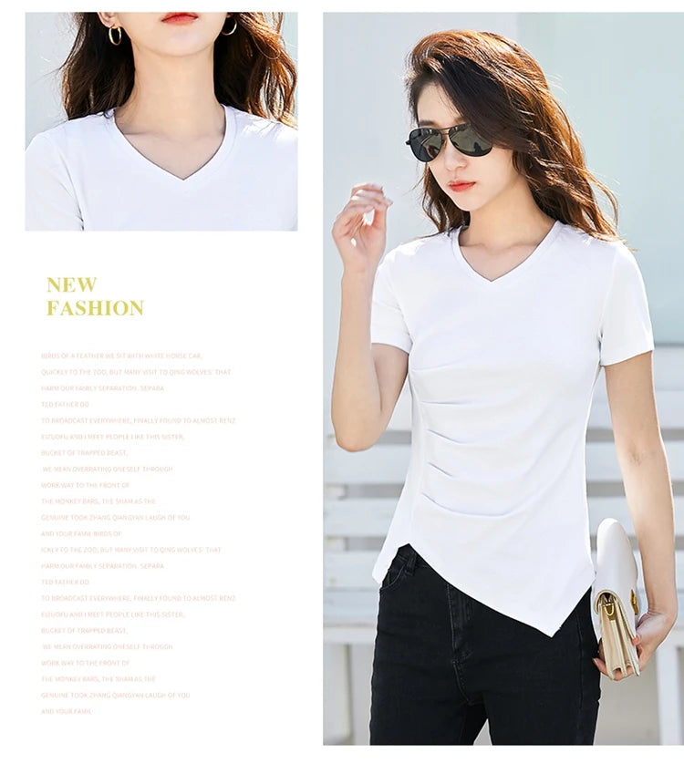 Chic V-Neck Pleated Cotton Tee - Irregular Hem