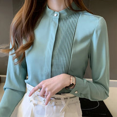 023 Chiffon Bow V-Neck Blouse - Long Sleeve Office Top