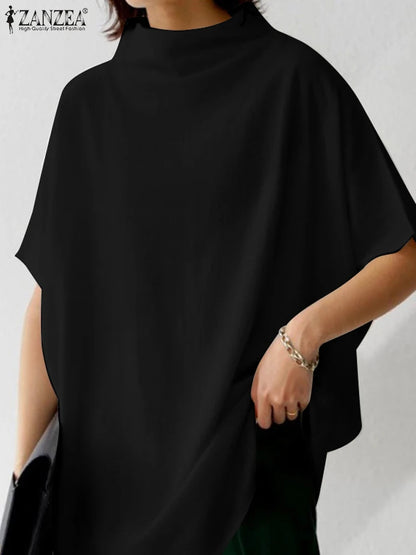 ZANZEA Cotton Turtleneck Blouse - Short Sleeve, Oversized Fit