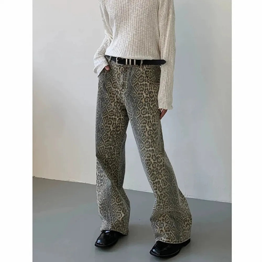 Leopard High-Waist Wide-Leg Jeans - Y2K Harajuku Streetwear Denim Pants for Women