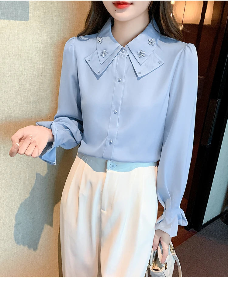 Elegant Chiffon Long Sleeve Blouse - White, Korean Office Style 2025