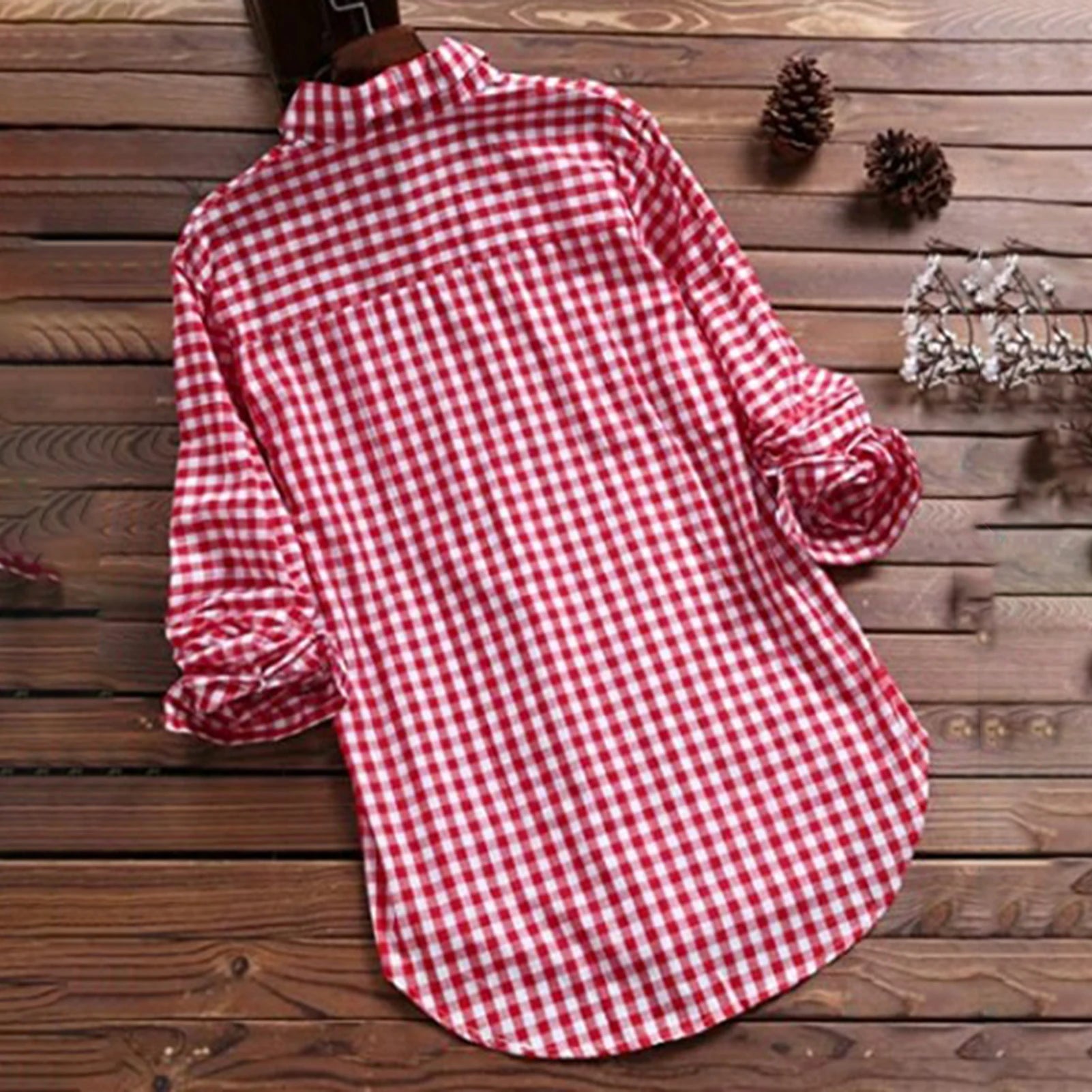 Plaid Cotton-Linen Tunic - V-Neck Roll-Up Sleeve Button-Down Shirt