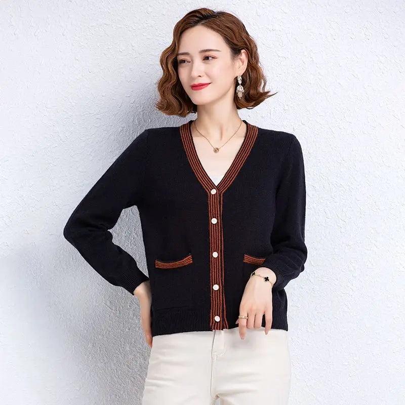 Striped Patchwork Knit Cardigan - V-Neck, Long Sleeve, Autumn 2024