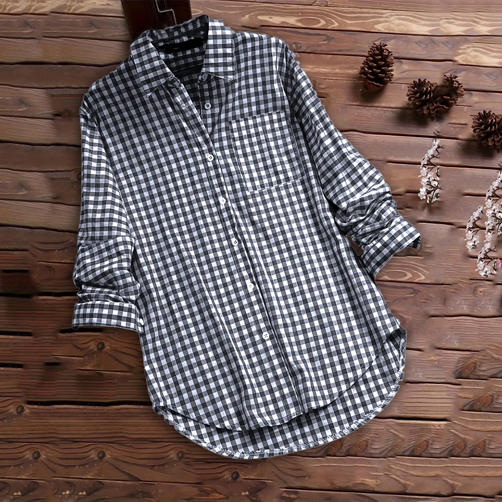 Plaid Cotton-Linen Tunic - V-Neck Roll-Up Sleeve Button-Down Shirt