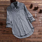 Plaid Cotton-Linen Tunic - V-Neck Roll-Up Sleeve Button-Down Shirt