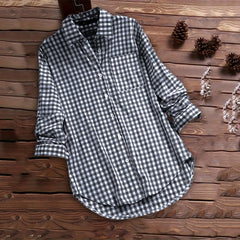 Plaid Cotton-Linen Tunic - V-Neck Roll-Up Sleeve Button-Down Shirt