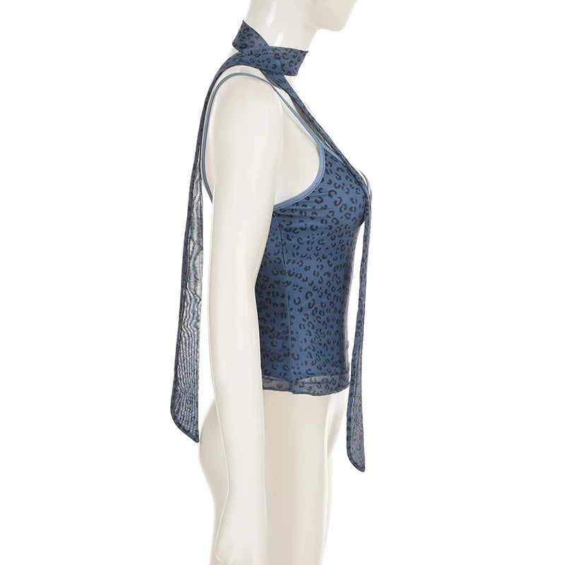 Leopard Print Mesh Camisole - Double Layer, Backless Y2K Style