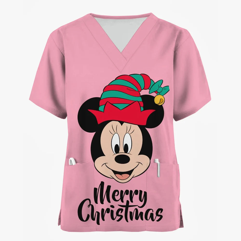 Mickey Mouse Nursing Scrub Top - V-Neck with Pockets, Christmas Edition