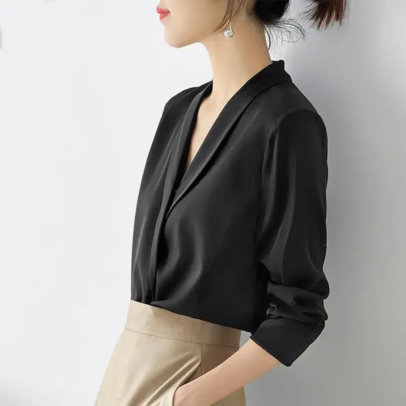 Silk Satin V-Neck Tunic - Long Sleeve, Office Chic