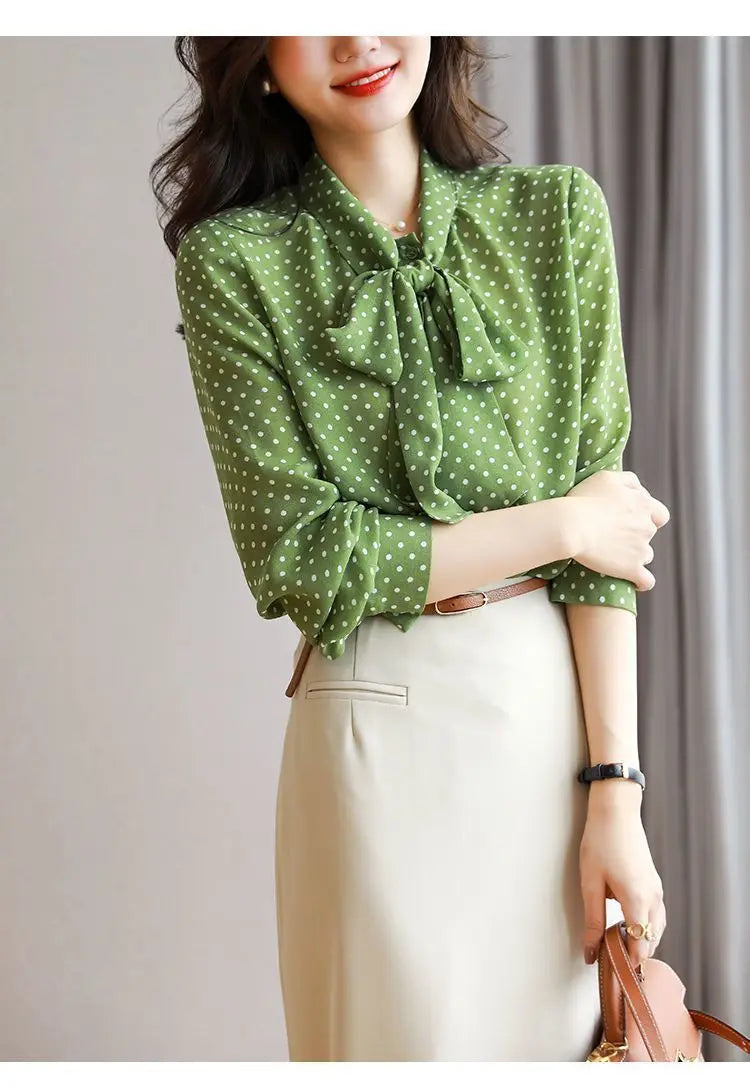 Polka Dot Shawl Collar Blouse - Bow Detail, Long Sleeve