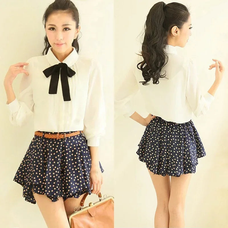 White Chiffon Blouse - Lapel Collar with Black Bow
