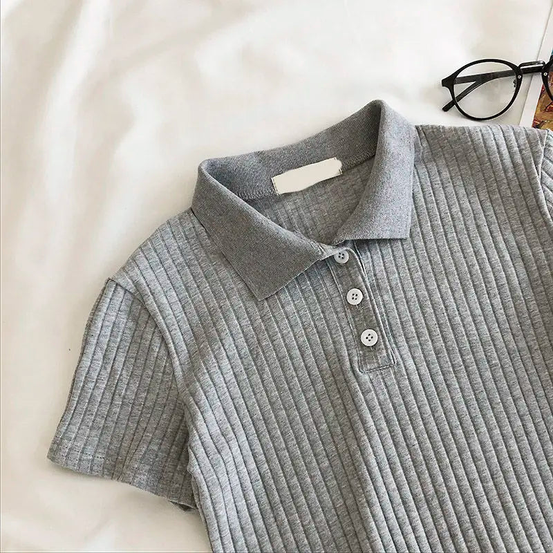 Youthful Knit Polo Crop Top - Short Sleeve