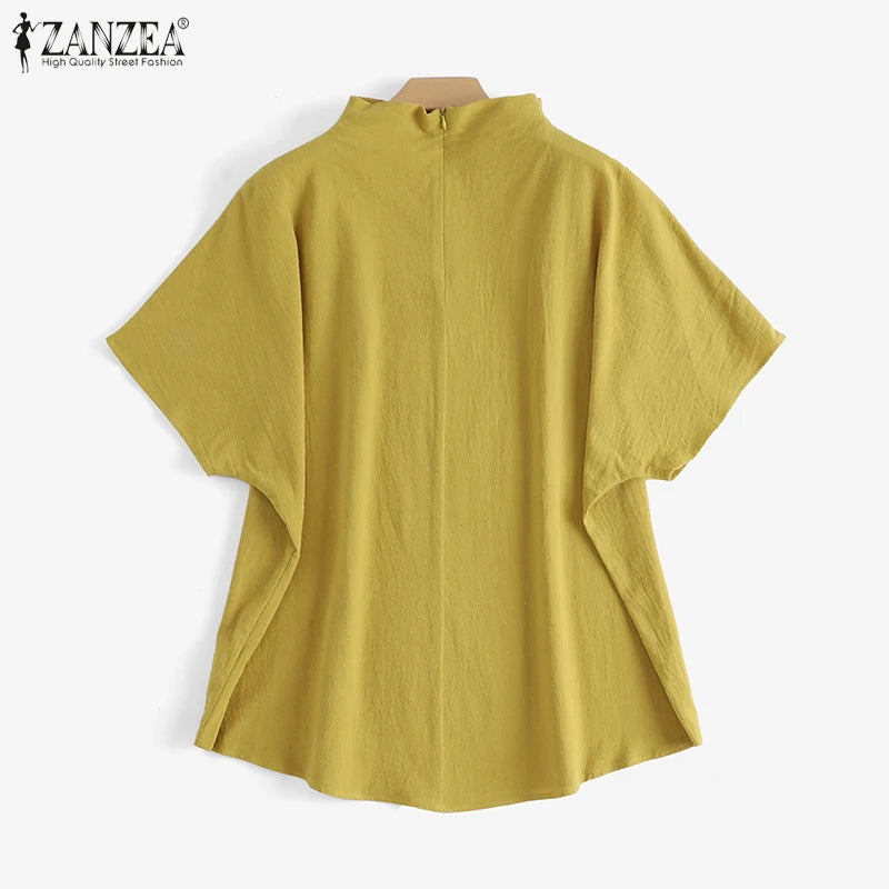 ZANZEA Cotton Turtleneck Blouse - Short Sleeve, Oversized Fit