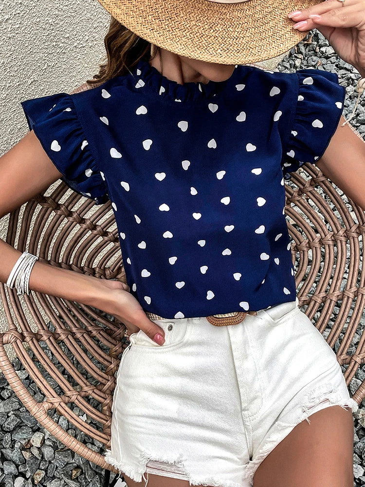 Chic Pink Chiffon Ruffle Blouse - Short Sleeve, Summer 2024