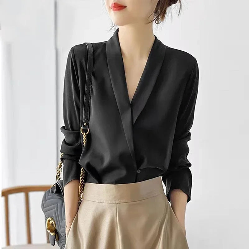 Silk Satin V-Neck Tunic - Long Sleeve, Office Chic