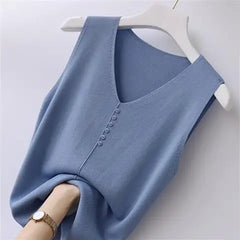 Ice Silk V-Neck Tank Top - Loose Fit Knitted Sleeveless Casual Outerwear for Women (S-6XL)