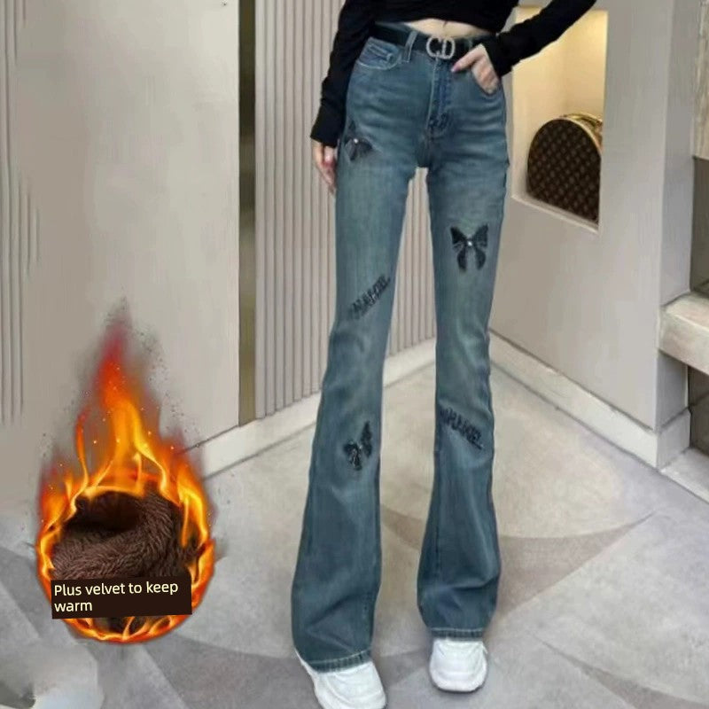 High Waist Slim Fit Rhinestone Embroidered Jeans – Elegant Fall Denim