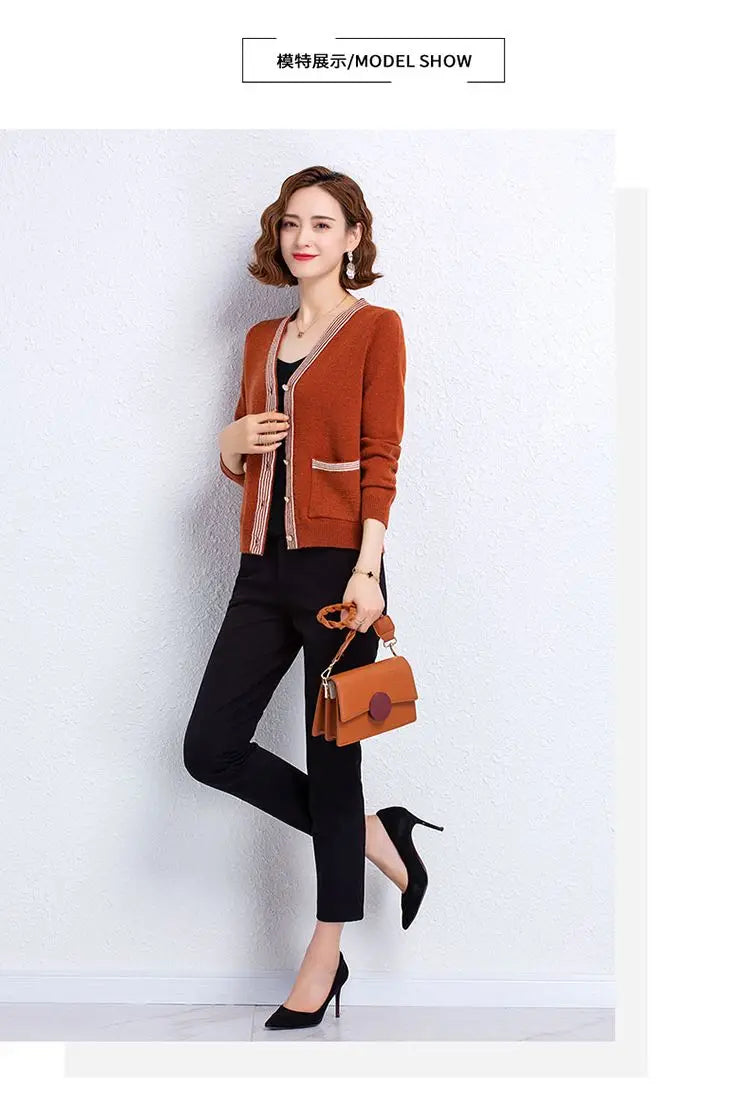 Striped Patchwork Knit Cardigan - V-Neck, Long Sleeve, Autumn 2024
