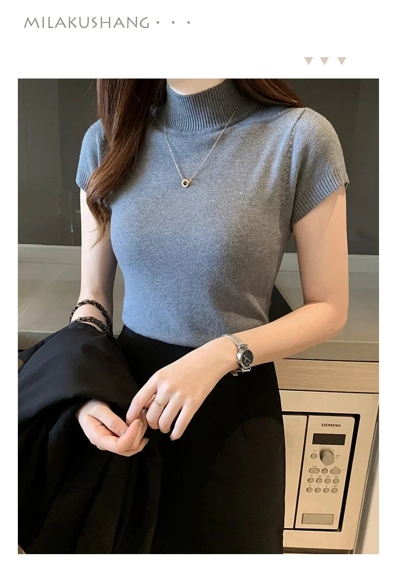 2024 Summer Turtleneck Knit Blouse - Short Sleeve