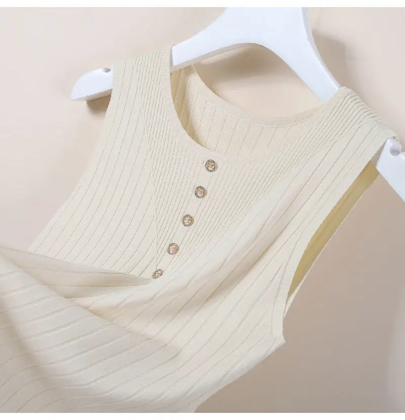 Elegant Knit V-Neck Tank Top - Sleeveless & Striped