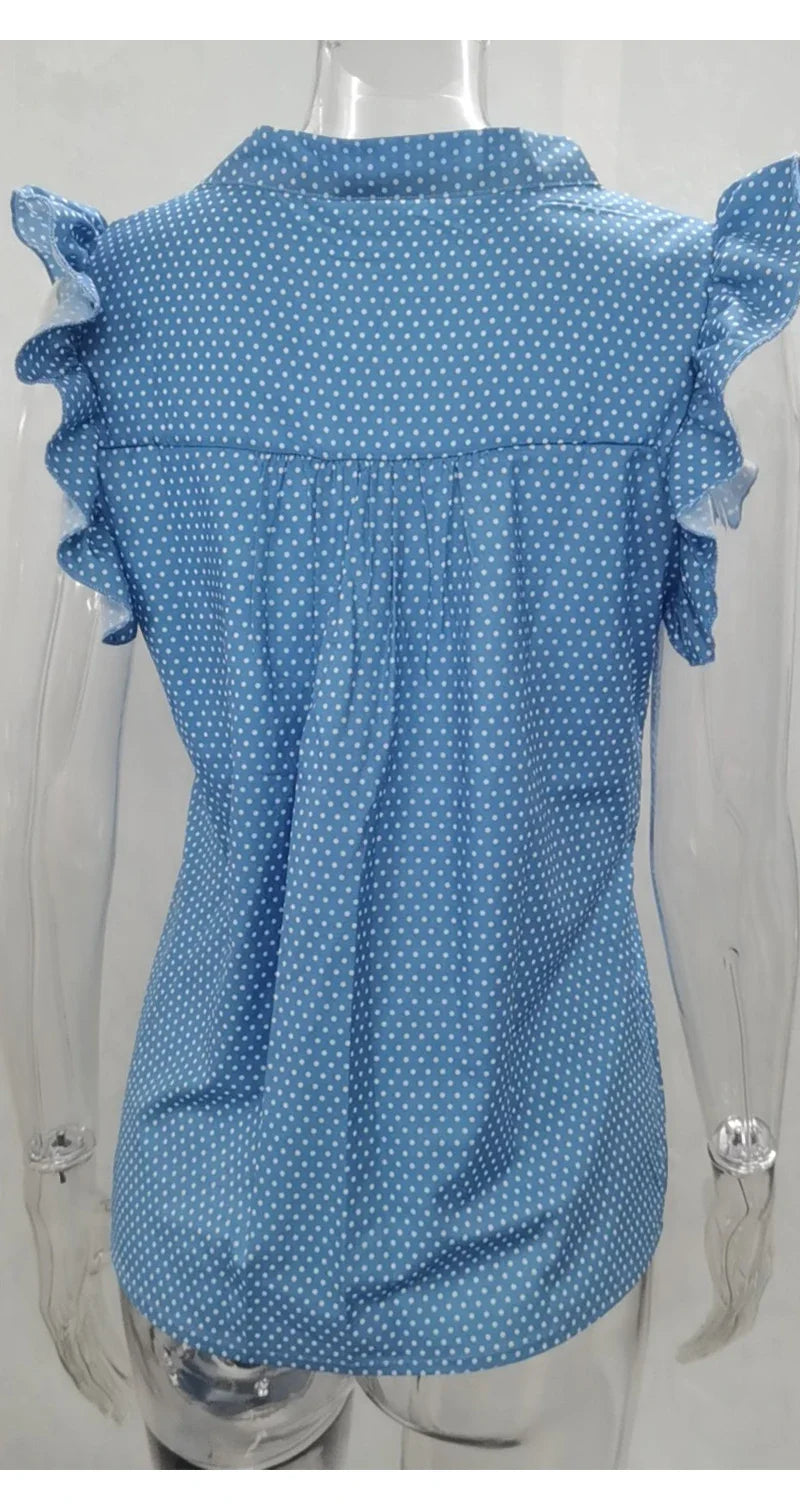 Sleeveless Ruffle Polka Dot Blouse - Lace-Up Bow