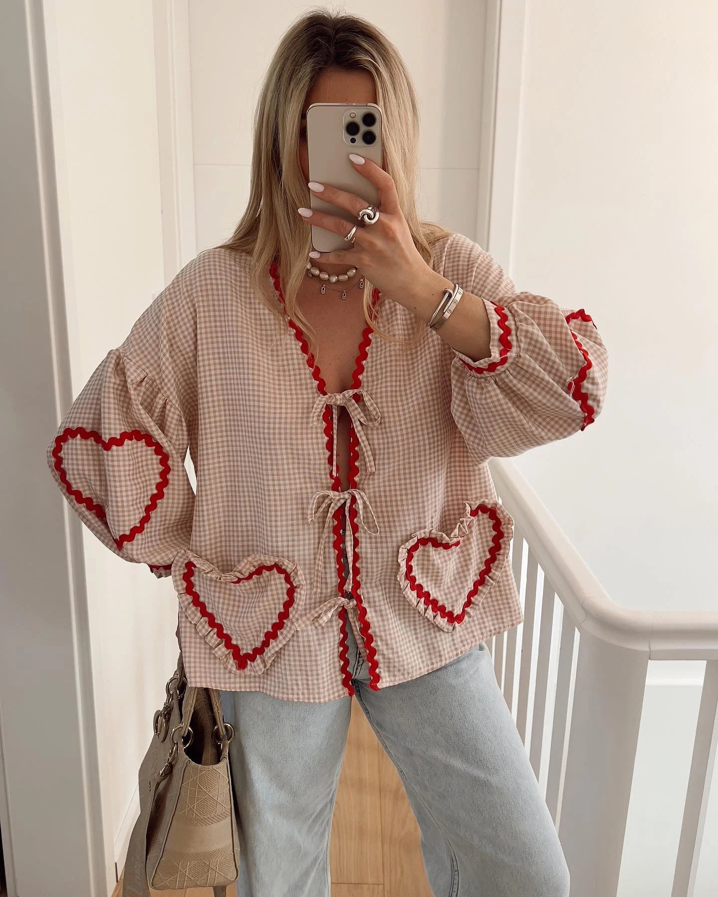 Plaid Heart Patchwork Blouse - V-Neck Lace-Up Long Sleeve