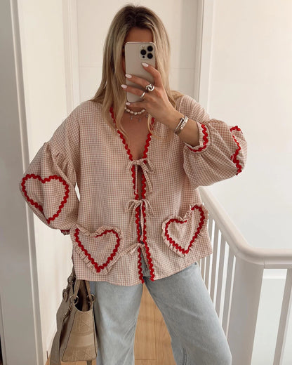 Plaid Heart Patchwork Blouse - V-Neck Lace-Up Long Sleeve