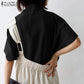 ZANZEA Cotton Turtleneck Blouse - Short Sleeve, Oversized Fit