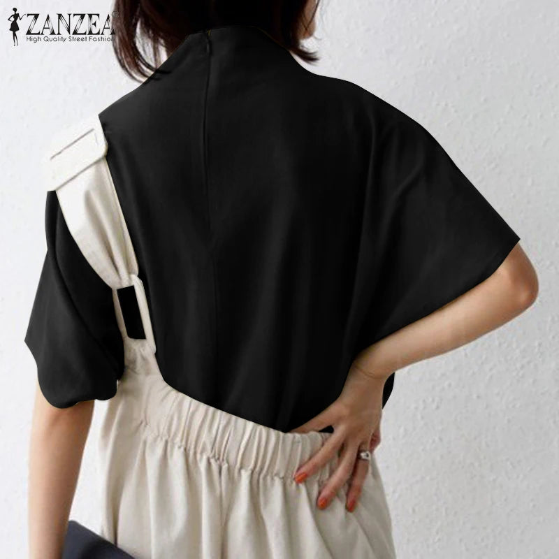ZANZEA Cotton Turtleneck Blouse - Short Sleeve, Oversized Fit