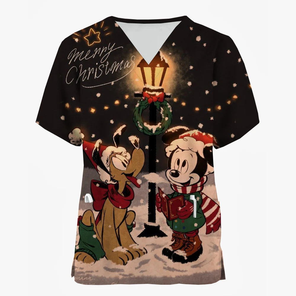 Mickey Mouse V-Neck Nursing Scrub Top - Christmas Print