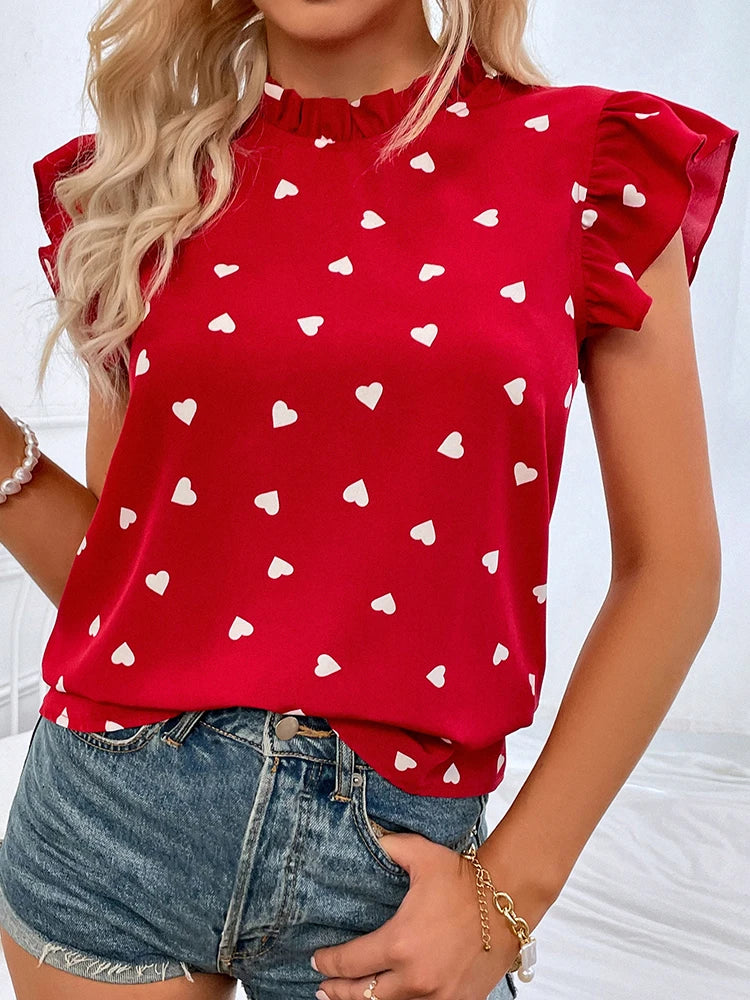 Chic Pink Chiffon Ruffle Blouse - Short Sleeve, Summer 2024