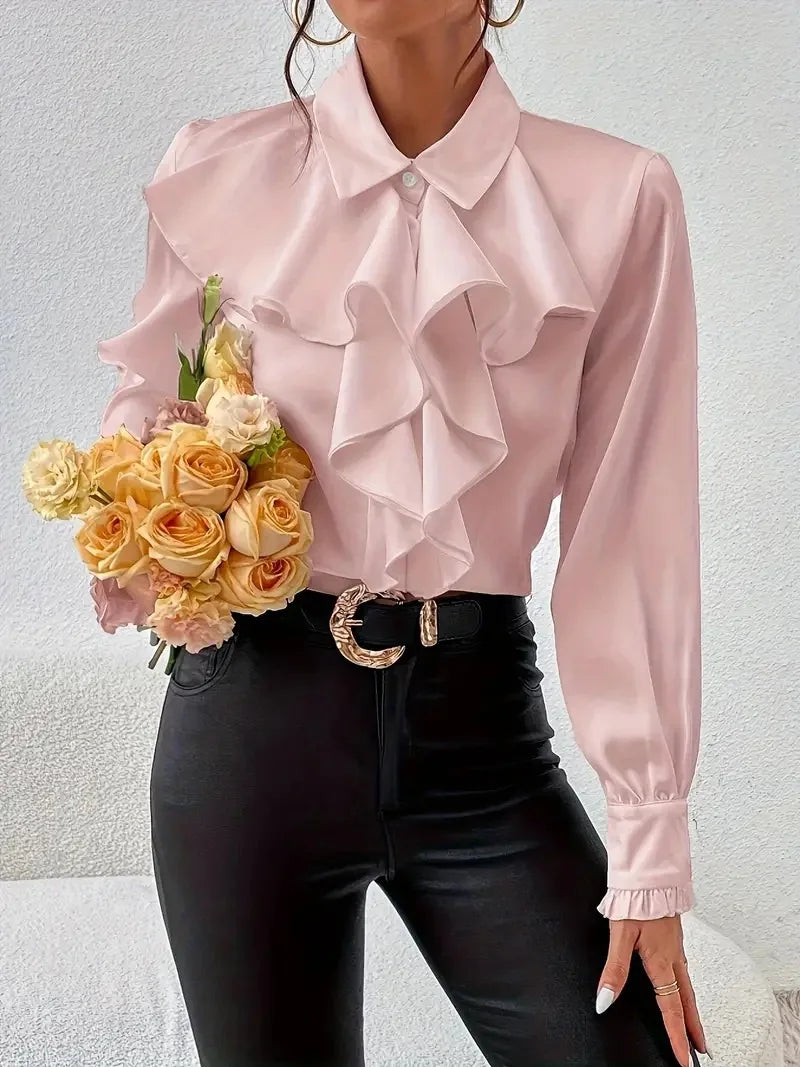 White Ruffled Lapel Blouse - Long Sleeve, Office Chic