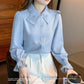 Elegant Chiffon Long Sleeve Blouse - White, Korean Office Style 2025
