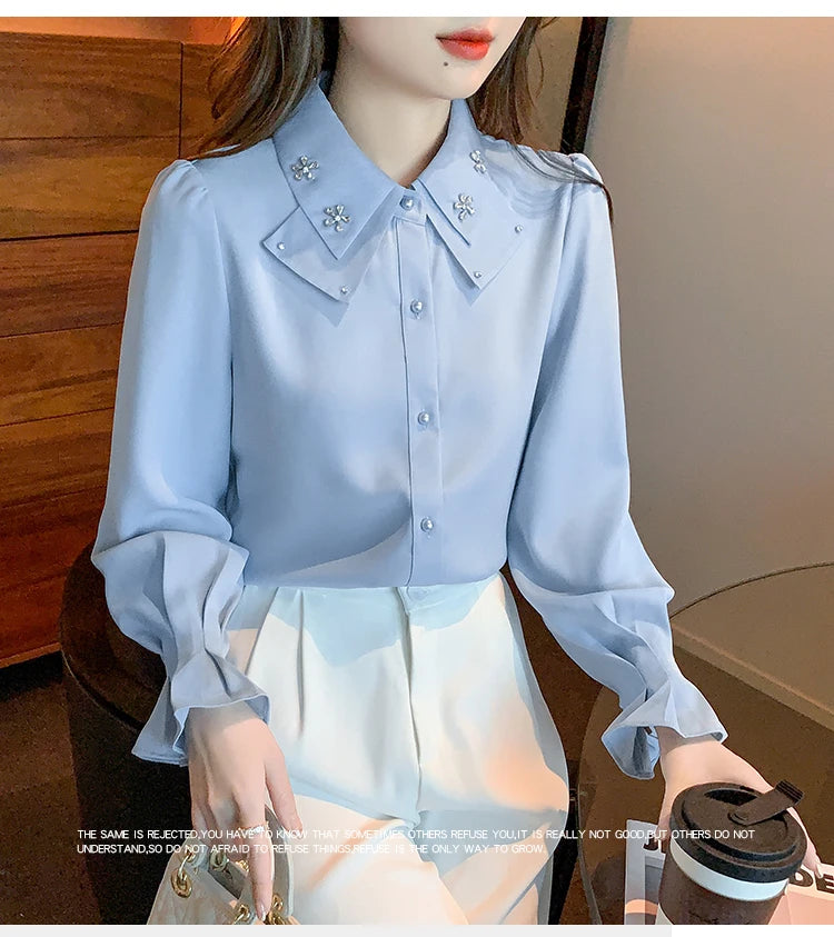 Elegant Chiffon Long Sleeve Blouse - White, Korean Office Style 2025