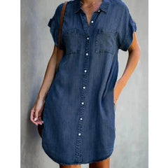 Distressed Denim Shirt Dress - Short Sleeve Button-Down Casual Tunic for Women