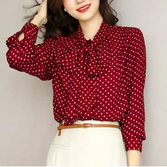 Polka Dot Shawl Collar Blouse - Bow Detail, Long Sleeve
