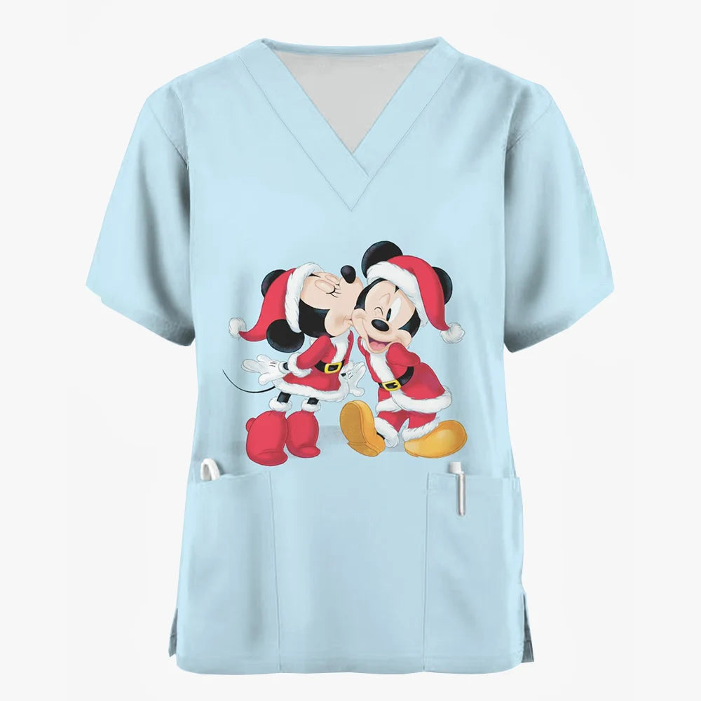 Mickey Mouse Nursing Scrub Top - V-Neck with Pockets, Christmas Edition