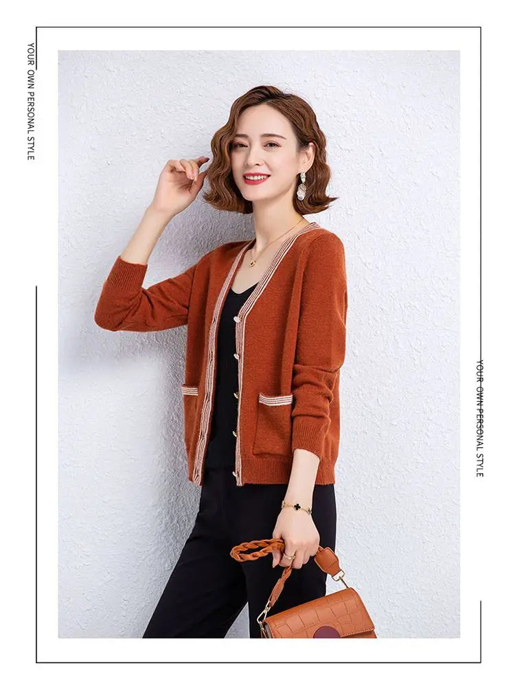 Striped Patchwork Knit Cardigan - V-Neck, Long Sleeve, Autumn 2024
