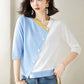 V-Neck Patchwork Cardigan - Contrast Color, Asymmetrical Design