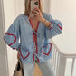 Plaid Heart Patchwork Blouse - V-Neck Lace-Up Long Sleeve