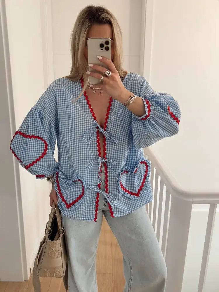 Plaid Heart Patchwork Blouse - V-Neck Lace-Up Long Sleeve