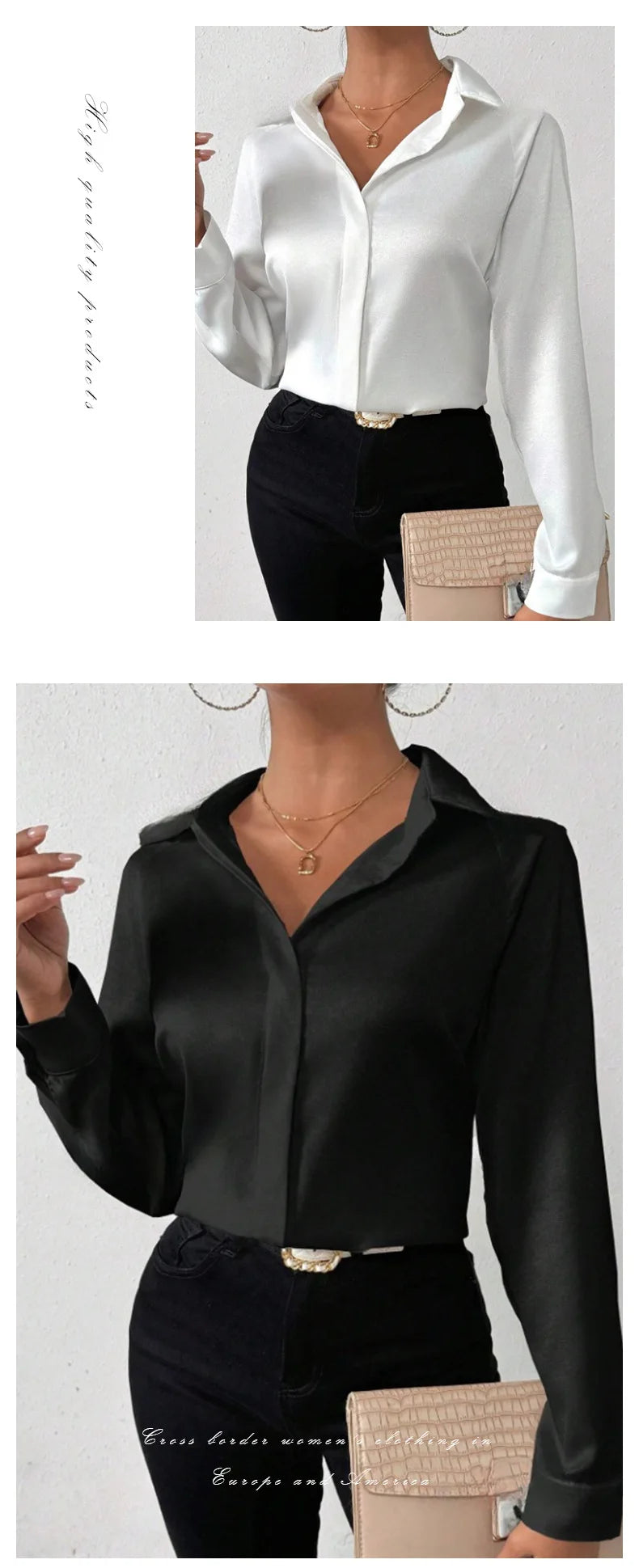 Elegant Long Sleeve Silk-Like Blouse - High-Quality Fashion