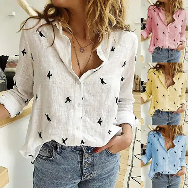 Cotton Linen Button-Down Shirt - Long Sleeve Casual Loose Tunic Blouse for Women, Spring & Summer