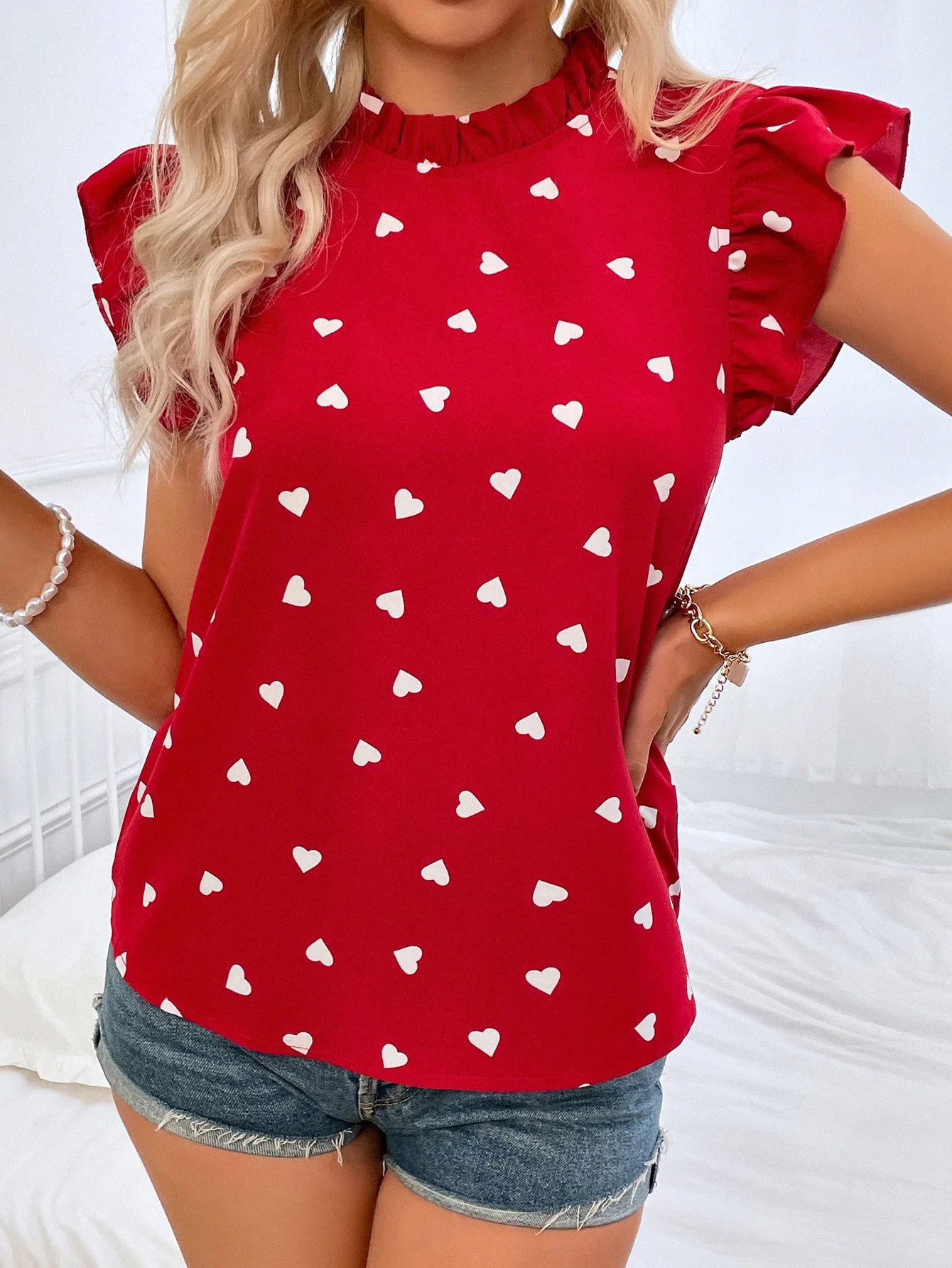 Chic Pink Chiffon Ruffle Blouse - Short Sleeve, Summer 2024