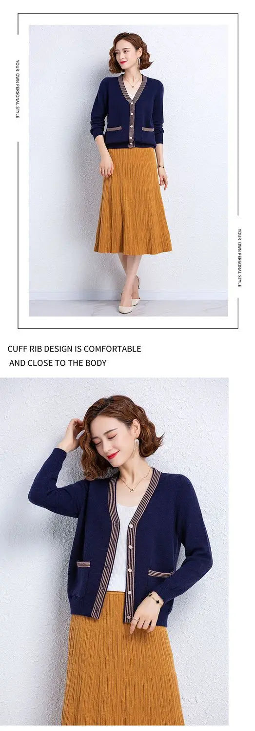 Autumn 2024 Patchwork Knit Cardigan - Striped V-Neck Sweater