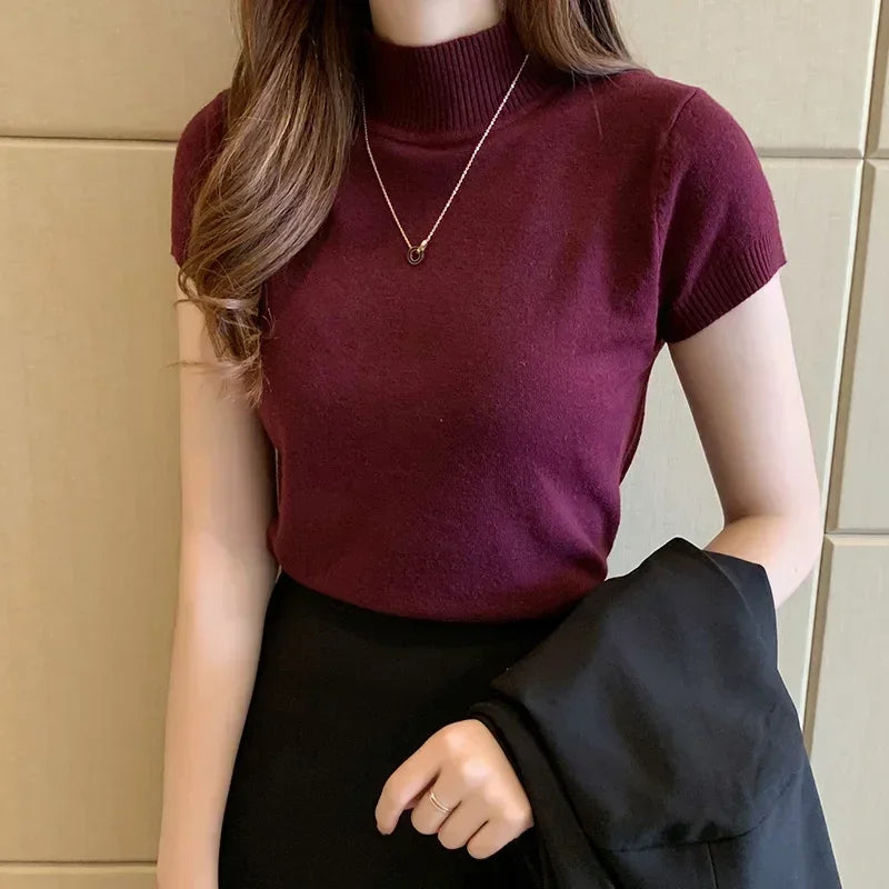 2024 Summer Turtleneck Knit Blouse - Short Sleeve