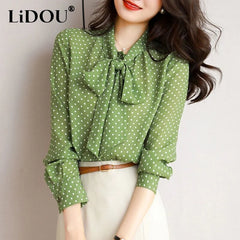 Polka Dot Shawl Collar Blouse - Bow Detail, Long Sleeve