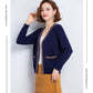 Striped Patchwork Knit Cardigan - V-Neck, Long Sleeve, Autumn 2024