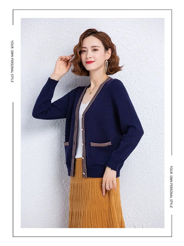 Striped Patchwork Knit Cardigan - V-Neck, Long Sleeve, Autumn 2024